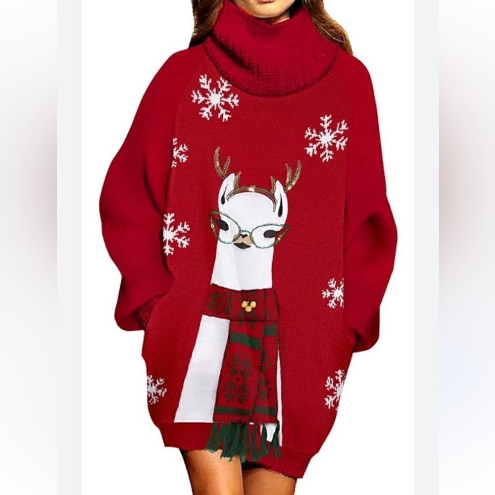 Women’s Oversized Turtleneck Red Christmas Sweater(Size Medium)